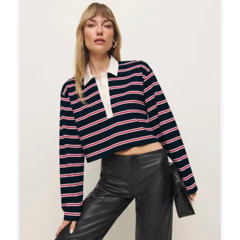 Reformation Striped Cropped Polo Long Sleeve Rugby Shirt Navy Red White Size M